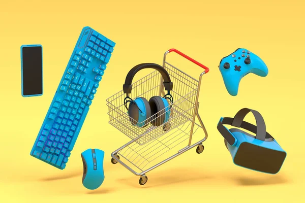 Gamer gears like mouse, keyboard, joystick, headset, VR Headset and shopping carts on yellow background. 3d render concept of sale, discount, shopping and delivery of accessories for live streaming