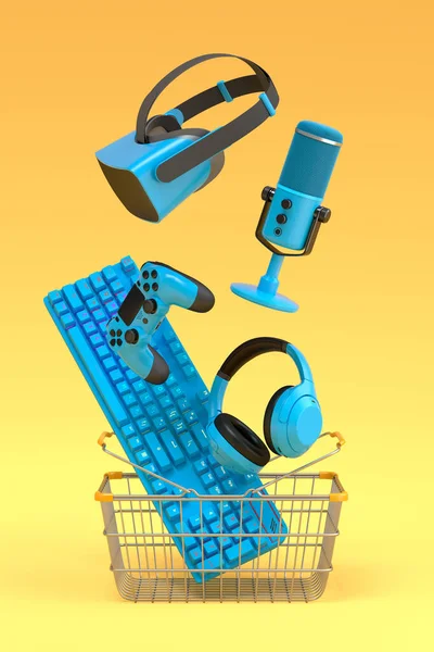 Flying gamer gears like mouse, keyboard, web camera, headphones and microphone in metal wire basket on yellow background. 3d render of sale, shopping and delivery of accessories for live streaming