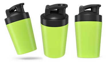 Beyaz arka planda izole edilmiş protein içeceği için plastik spor karıştırıcı seti. Spor gıda kokteyl kabının 3 boyutlu sunucusu