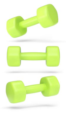 Beyaz arka planda izole edilmiş plastik diskleri olan bir çift dambıl. Spor malzemelerinin fitness ve powerlift için 3D yorumlaması