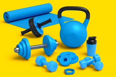 Yoga minderi, kettlebell, dambıl ve sarı arka plandaki akıllı saatler gibi spor malzemelerinin farklı bir görüntüsü. Güç kaldırma ve zindelik kavramının 3 boyutlu canlandırması