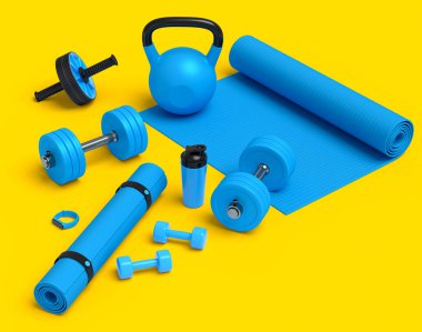 Yoga minderi, kettlebell, fitness topu ve sarı arka plandaki akıllı saatler gibi spor malzemelerinin farklı bir görüntüsü. Güç kaldırma ve zindelik kavramının 3 boyutlu canlandırması