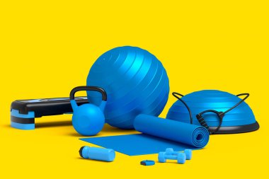 Yoga minderi, kettlebell, fitness topu ve sarı arka plandaki akıllı saatler gibi spor malzemelerinin farklı bir görüntüsü. Güç kaldırma ve zindelik kavramının 3 boyutlu canlandırması