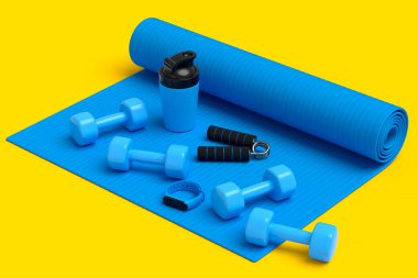 Su savaşı, dambıl ve sarı arka planda yoga minderi gibi spor ekipmanlarına farklı bir bakış açısı. Güç kaldırma ve zindelik kavramının 3 boyutlu canlandırması