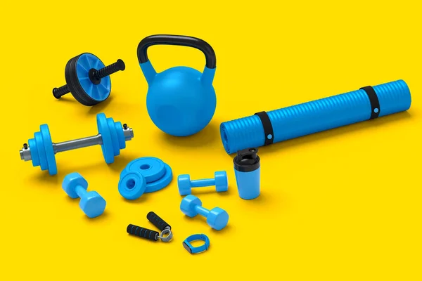 stock image Isometric view of sport equipment like yoga mat, kettlebell, fitness ball and smart watches on yellow background. 3d render of power lifting and fitness concept