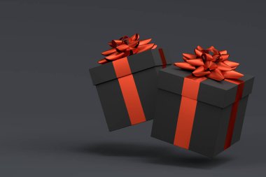 Kurdeleli hediye kutuları ve siyah arka planda uçan ve düşen yay. 3D karşılama tasarımı konsepti: Doğum günü, Mutlu Noeller, Kara Cuma, Yeni Yıl