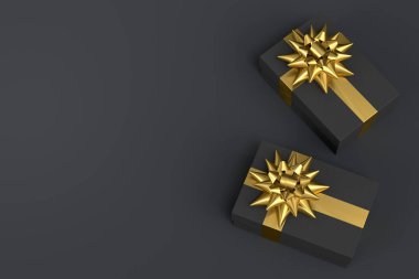 Kurdeleli hediye kutuları ve siyah arka planda uçan ve düşen yay. 3D karşılama tasarımı konsepti: Doğum günü, Mutlu Noeller, Kara Cuma, Yeni Yıl