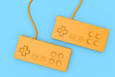 Tek renkli mavi arka planda eski bilgisayar oyun kumandası joystick. Eski dikdörtgen oyun alanı 3d canlandırma kavramı.