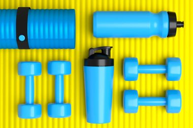 Su savaşı, dambıl ve pembe arka planda yoga minderi gibi spor ekipmanlarına farklı bir bakış açısı. Güç kaldırma ve zindelik kavramının 3 boyutlu canlandırması