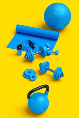 Yoga minderi, kettlebell, fitness topu ve sarı arka plandaki akıllı saatler gibi spor malzemelerinin farklı bir görüntüsü. Güç kaldırma ve zindelik kavramının 3 boyutlu canlandırması