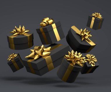 Kurdeleli hediye kutuları ve siyah arka planda uçan ve düşen yay. 3D karşılama tasarımı konsepti: Doğum günü, Mutlu Noeller, Kara Cuma, Yeni Yıl