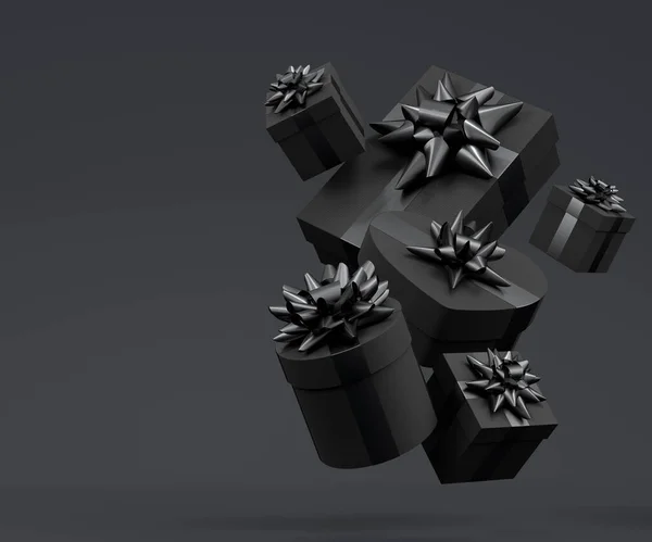 Κουτιά Δώρων Κορδέλα Και Φιόγκο Που Φέρουν Και Πέφτουν Μαύρο — Φωτογραφία Αρχείου