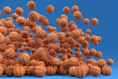 Birçok uçan turuncu basketbol topu mavi arka fona düşüyor. Takım oyunu, egzersiz ve yarışma için 3D spor aksesuarları hazırlamaName