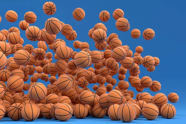 Many of flying orange basketball ball falling on blue background. 3d render of sport accessories for team playing games, exercise and competition
