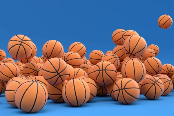 Mnoho Létání Oranžový Basketbal Padá Modré Pozadí Provedení Sportovního Příslušenství — Stock fotografie