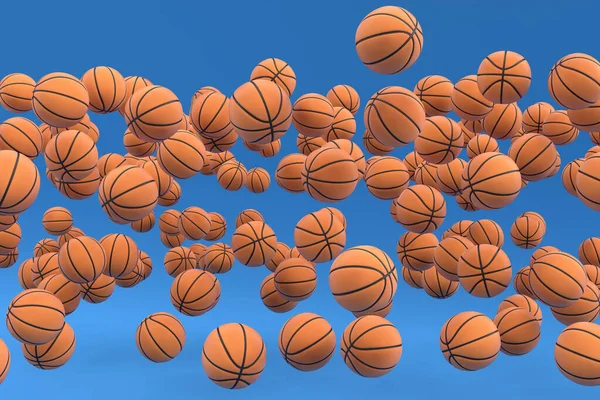 Wiele Latających Pomarańczowa Piłka Koszykówki Spada Niebieskie Tło Renderowanie Akcesoriów — Zdjęcie stockowe