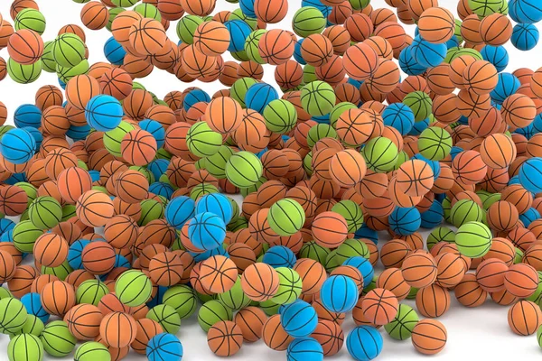 Many of flying multicolor basketball ball falling on white background. 3d render of sport accessories for team playing games, exercise and competition
