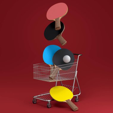 Fitness için pinpon raketi gibi spor ekipmanları ya da kırmızı arka planda alışveriş arabasında yaylım ateşi. Güç kaldırma ve zindelik kavramının 3 boyutlu canlandırması
