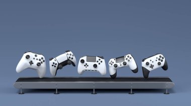 Oyun joystickleri ya da oyun koruyucuları siyah arka planda fabrika hattında. 3D satış, indirim, alışveriş ve canlı yayın konsepti aksesuarları sunma kavramı üst görünüm