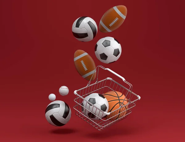 Set of ball like basketball, american football and golf in shopping basket on red background. 3d rendering of sport accessories for team playing games
