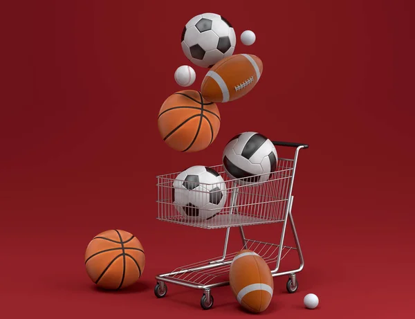Set of ball like basketball, american football and golf in shopping cart on red background. 3d rendering of sport accessories for team playing games