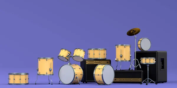 Комплект Электроакустических Гитар Усилителей Барабанов Металлическими Тарелками Фиолетовом Фоне Визуализация — стоковое фото