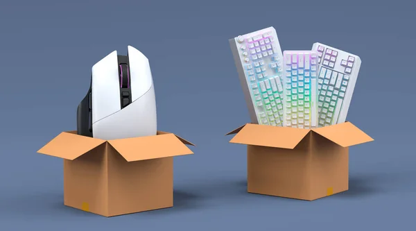 Set of gamer mouse and keyboard in cardboard box on black background. 3d render concept of sale, discount, shopping and delivery of accessories for live streaming concept top view