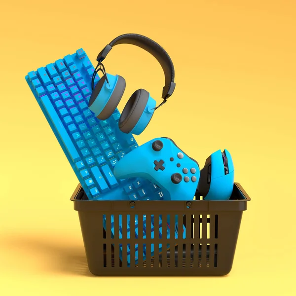 Gamer gears like mouse, keyboard, joystick, headset, VR Headset. web camera in plastic basket on yellow background. 3d render concept of sale, shopping and delivery of accessories for live streaming