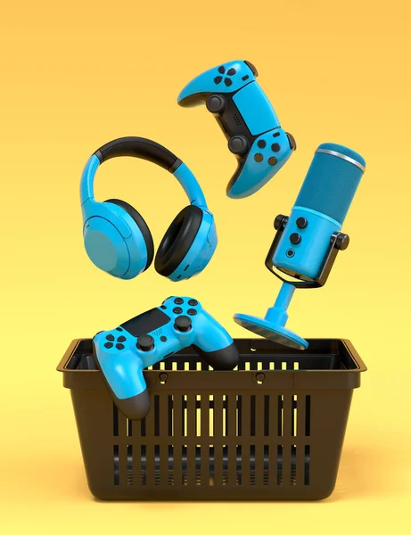 Flying gamer gears like mouse, joystick, headphones, VR glasses, microphone in plastic basket on yellow background. 3d render concept of sale, shopping and delivery of accessories for live streaming