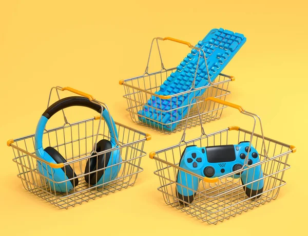 Gamer gears like mouse, keyboard, joystick, headset, VR Headset in metal wire basket on yellow background. 3d render concept of sale, discount, shopping and delivery of accessories for live streaming