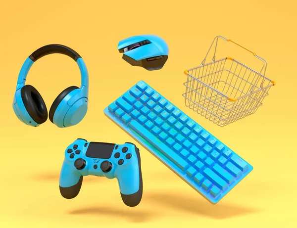Flying gamer gears like mouse, keyboard, joystick, headset, VR Headset and in metal wire basket on yellow background. 3d render concept of sale, shopping and delivery of accessories for live streaming