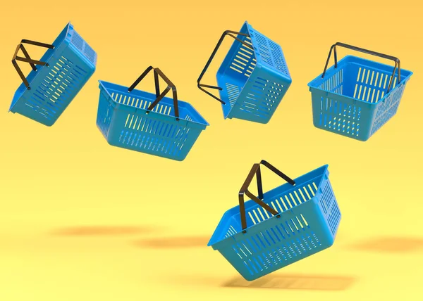 Set of flying plastic shopping basket from supermarket on yellow background. 3d render concept of online shopping and black friday sale