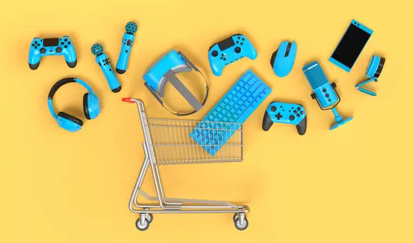 Lying gamer gears like mouse, keyboard, joystick, headset, VR Headset in shopping carts on yellow background. 3d render concept of sale, shopping and delivery of accessories for live streaming
