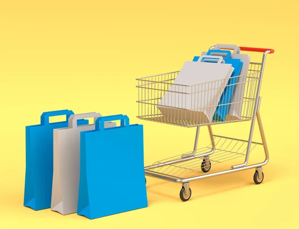 采购购物车或推车与黄色背景的牛皮纸袋食品杂货 3D渲染销售 购物和交货的概念 — 图库照片