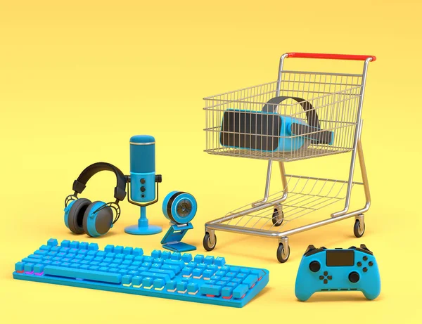 Gamer gears like keyboard, joystick, headphones, VR glasses, microphone in shopping carts on yellow background. 3d render concept of sale, shopping and delivery of accessories for live streaming