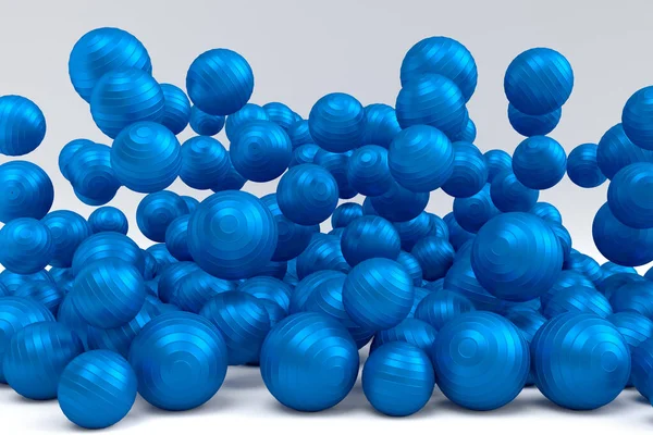 白い背景に落ちる青いバスケットボールのボールの多く ゲーム エクササイズ 競技のためのスポーツアクセサリーの3Dレンダリング — ストック写真