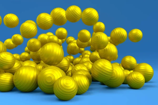 Many of flying yellow basketball ball falling on blue background. 3d render of sport accessories for team playing games, exercise and competition