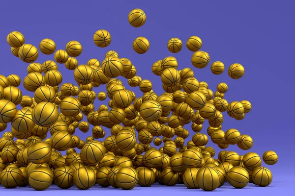 バイオレットの背景に落ちる金のバスケットボールのボールの多く ゲーム エクササイズ 競技のためのスポーツアクセサリーの3Dレンダリング — ストック写真