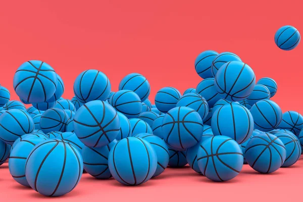 Багато Літаючих Блакитних Баскетбольних Ячів Падають Рожевий Фон Візуалізація Спортивних — стокове фото