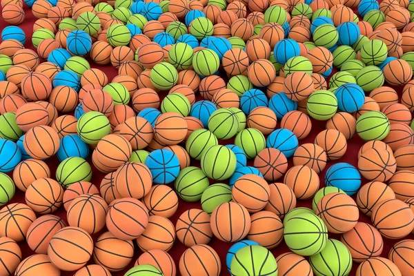 Many of flying multicolor basketball ball falling on red background. 3d render of sport accessories for team playing games, exercise and competition