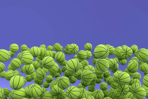 Many of flying green basketball ball falling on violet background. 3d render of sport accessories for team playing games, exercise and competition