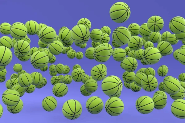 Багато Літаючих Зелених Баскетбольних Ячів Падають Фіолетовий Фон Візуалізація Спортивних — стокове фото
