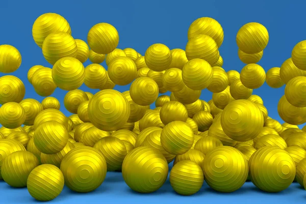 黄色いバスケットボールのボールの多くは青い背景に落ちています ゲーム エクササイズ 競技のためのスポーツアクセサリーの3Dレンダリング — ストック写真