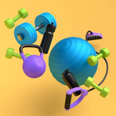 Dambıl, kettlebell, fitness topu ve sarı arka planda akıllı saatler gibi uçan spor aletleri. Güç kaldırma ve zindelik kavramının 3 boyutlu canlandırması