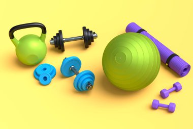 Yoga minderi, kettlebell, fitness topu ve sarı arka plandaki akıllı saatler gibi spor malzemelerinin farklı bir görüntüsü. Güç kaldırma ve zindelik kavramının 3 boyutlu canlandırması