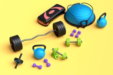 Yoga minderi, kettlebell, fitness topu ve sarı arka plandaki akıllı saatler gibi spor malzemelerinin farklı bir görüntüsü. Güç kaldırma ve zindelik kavramının 3 boyutlu canlandırması