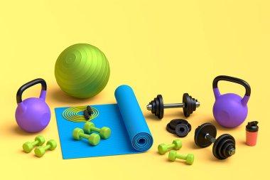 Yoga minderi, kettlebell, fitness topu ve sarı arka plandaki akıllı saatler gibi spor malzemelerinin farklı bir görüntüsü. Güç kaldırma ve zindelik kavramının 3 boyutlu canlandırması