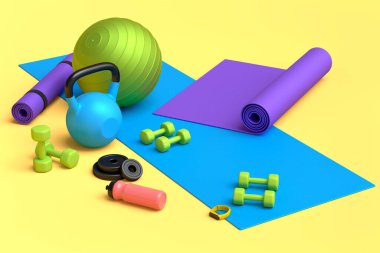 Yoga minderi, kettlebell, fitness topu ve sarı arka plandaki akıllı saatler gibi spor malzemelerinin farklı bir görüntüsü. Güç kaldırma ve zindelik kavramının 3 boyutlu canlandırması