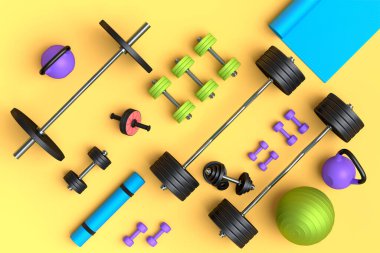Yoga minderi, kettlebell, fitness topu ve sarı arka plandaki akıllı saatler gibi spor malzemelerinin farklı bir görüntüsü. Güç kaldırma ve zindelik kavramının 3 boyutlu canlandırması