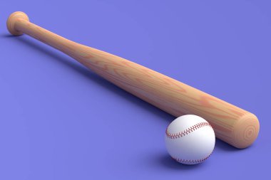 Ahşap profesyonel softbol ya da menekşe arka planda izole edilmiş beyzbol sopası ve top. Takım oyunları için 3 boyutlu spor aksesuarları hazırlama